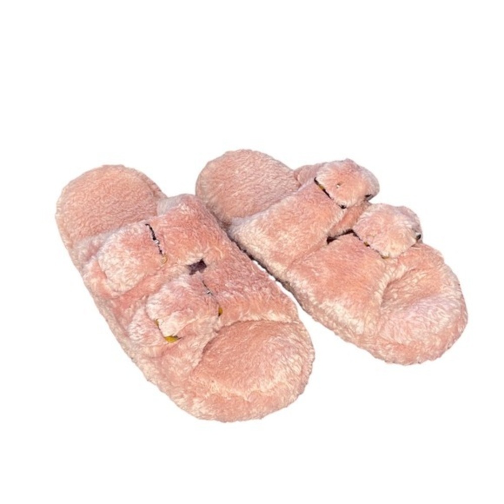 Loft Pink Faux Fur Double Buckle Strap Slide Slippers Womens Size‎ Medium 7-8